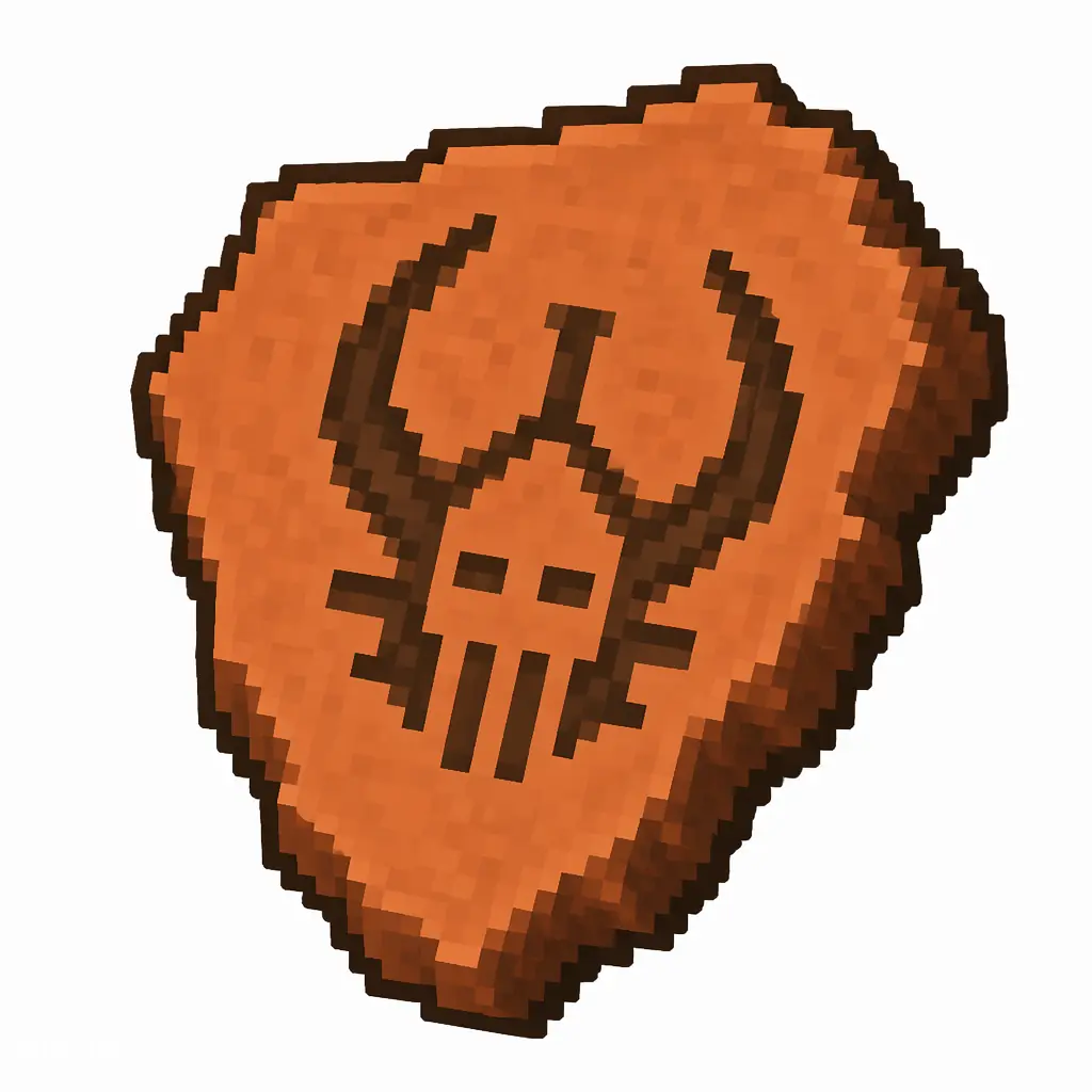 Pixel art illustration of a terracotta pottery sherd engraved with a horned warden face pictograph