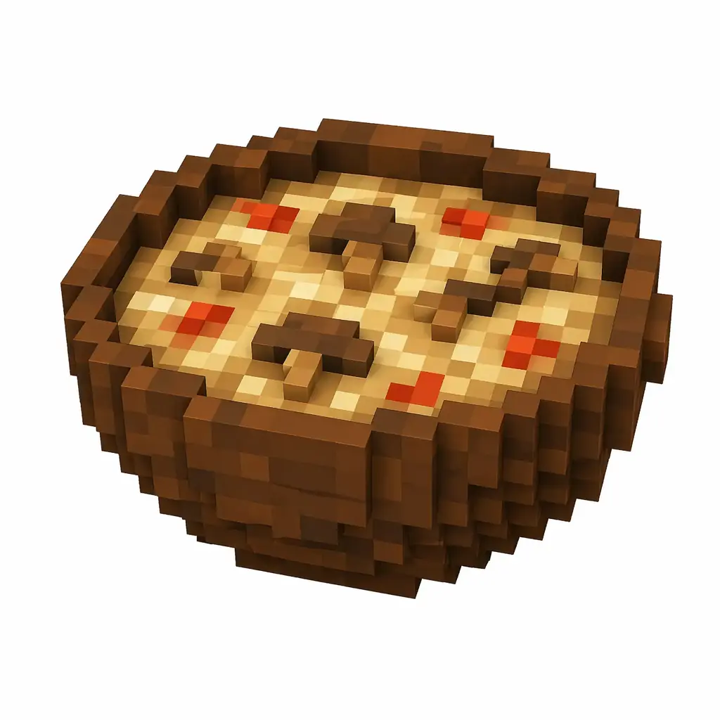 Pixel art illustration of a wooden bowl of mushroom stew with red and brown mushrooms
