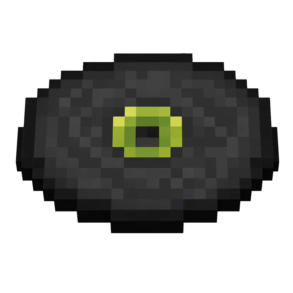 Pixel art illustration of a black music disc with a dark green center label