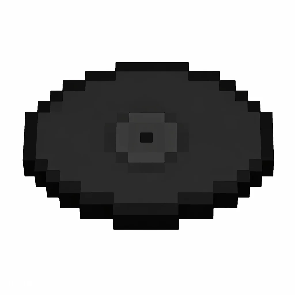 Pixel art illustration of a black music disc with a dark charcoal gray center label