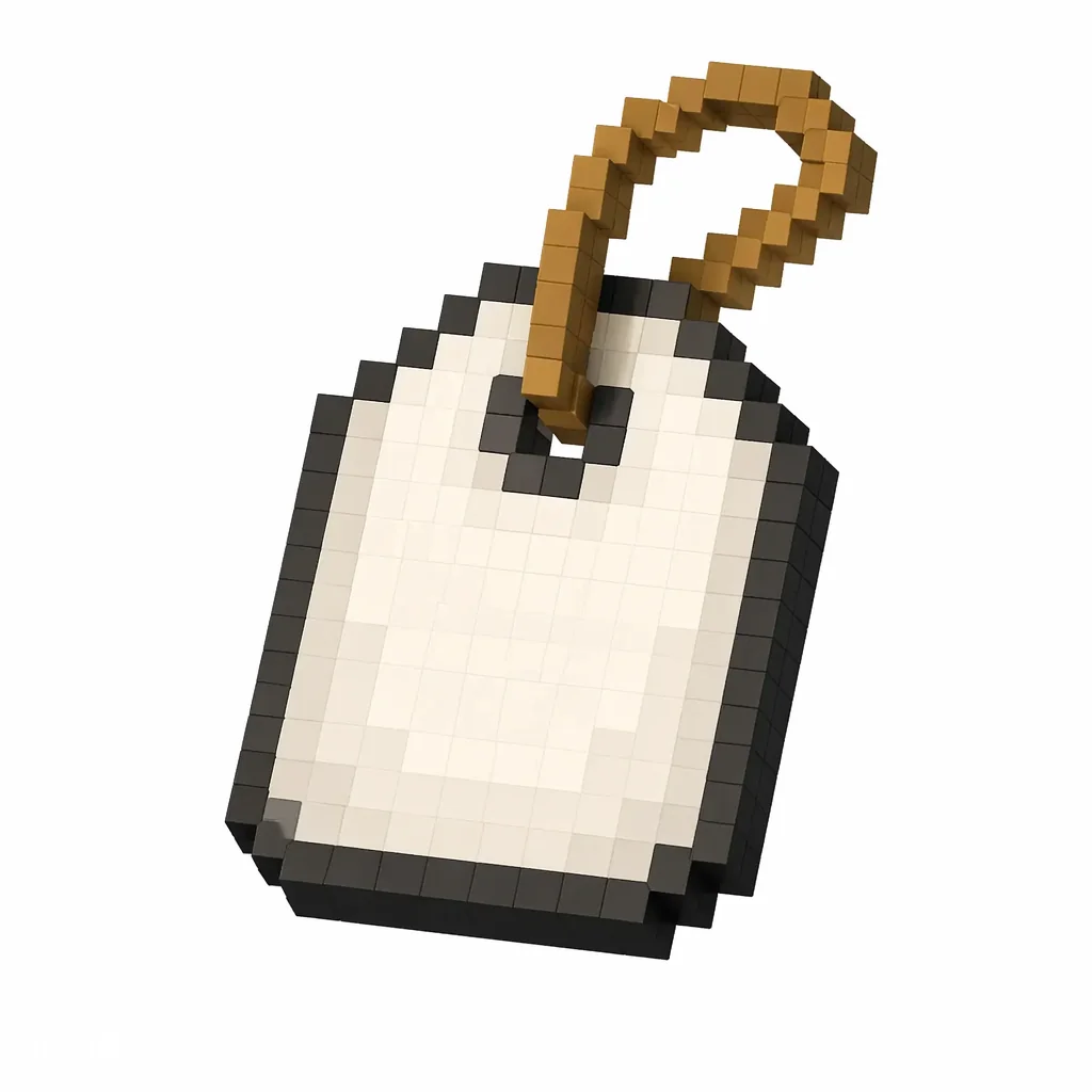 Pixel art illustration of a name tag, a small white paper tag with a string