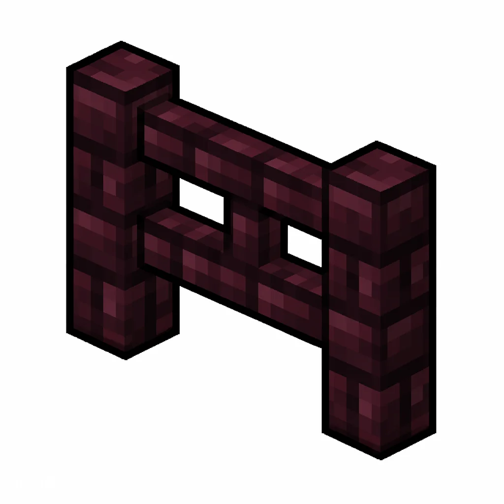 Pixel art illustration of a nether brick fence in chunky voxel game style