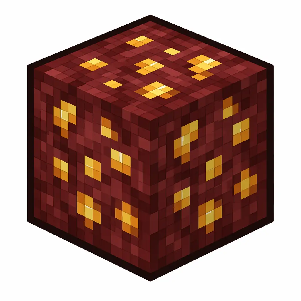 Pixel art illustration of a nether gold ore in chunky voxel game style