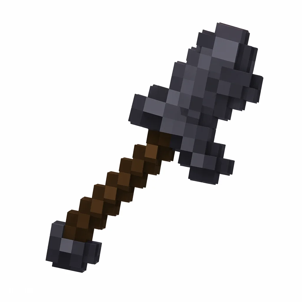 Pixel art illustration of a netherite axe with a dark gray axe head and dark handle