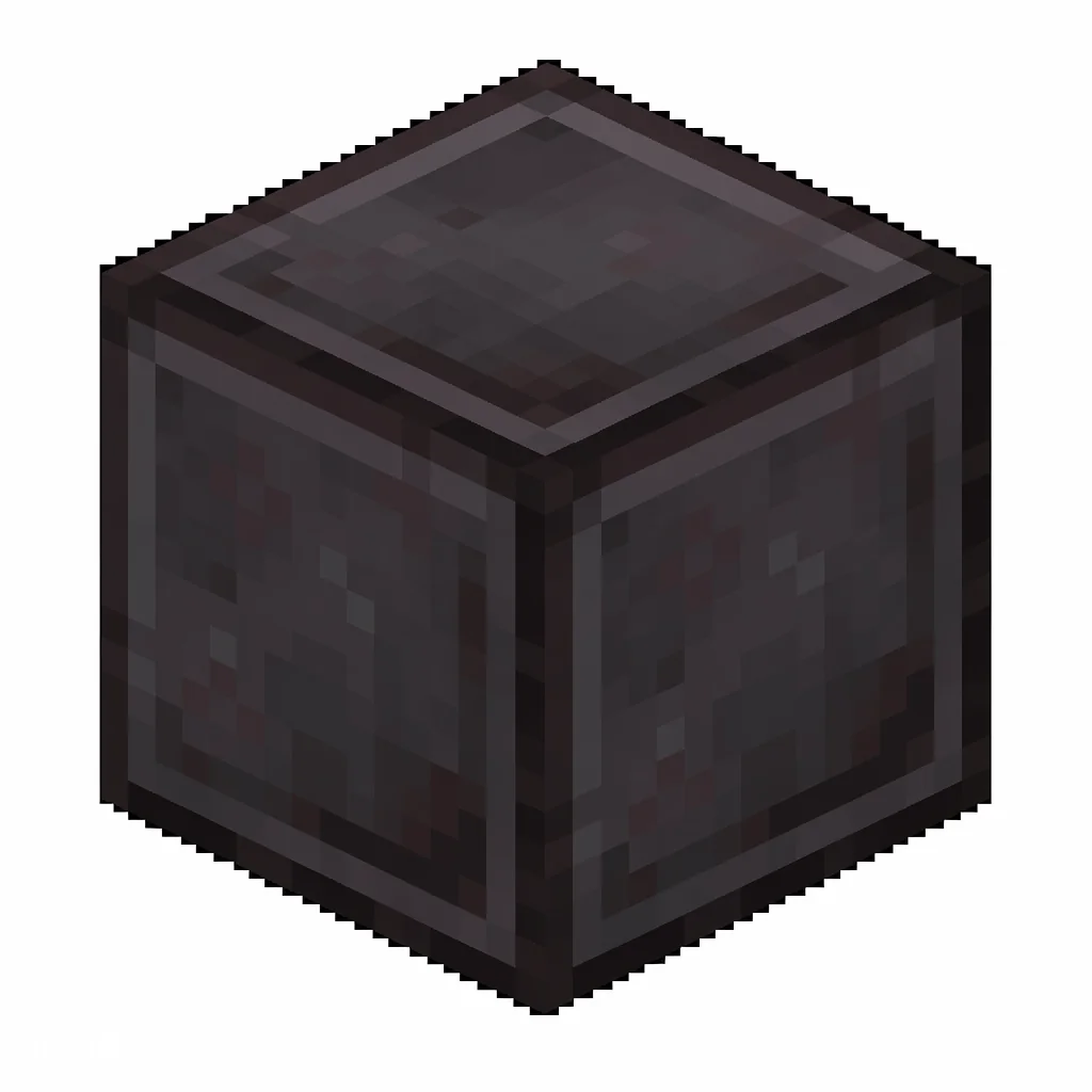 Pixel art illustration of a block of netherite in chunky voxel game style