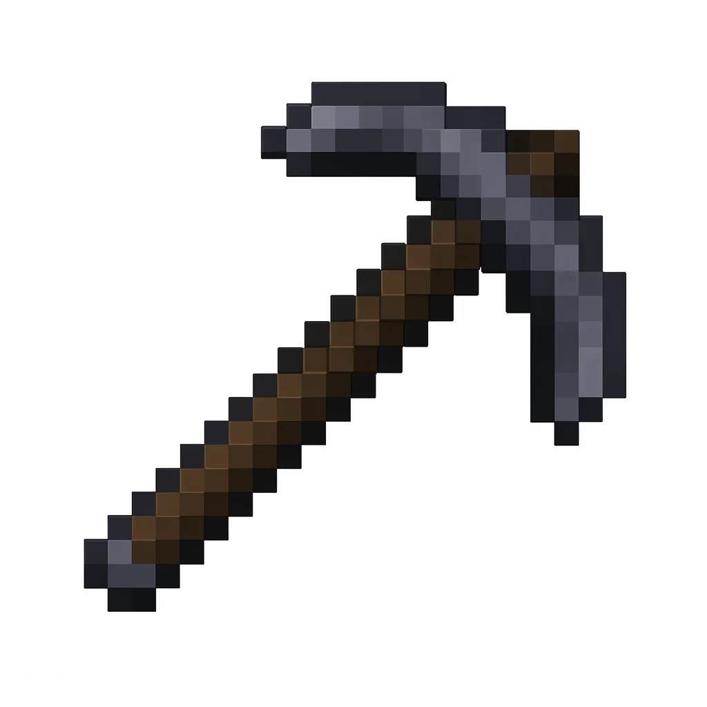 Pixel art illustration of a netherite pickaxe with a dark gray pick head and dark handle