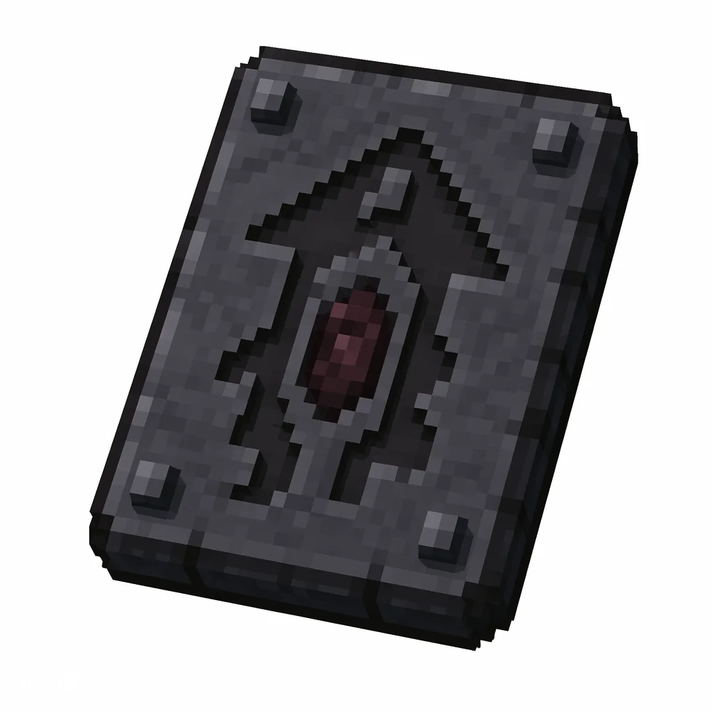 Pixel art illustration of a dark stone smithing template tablet carved with an upward arrow