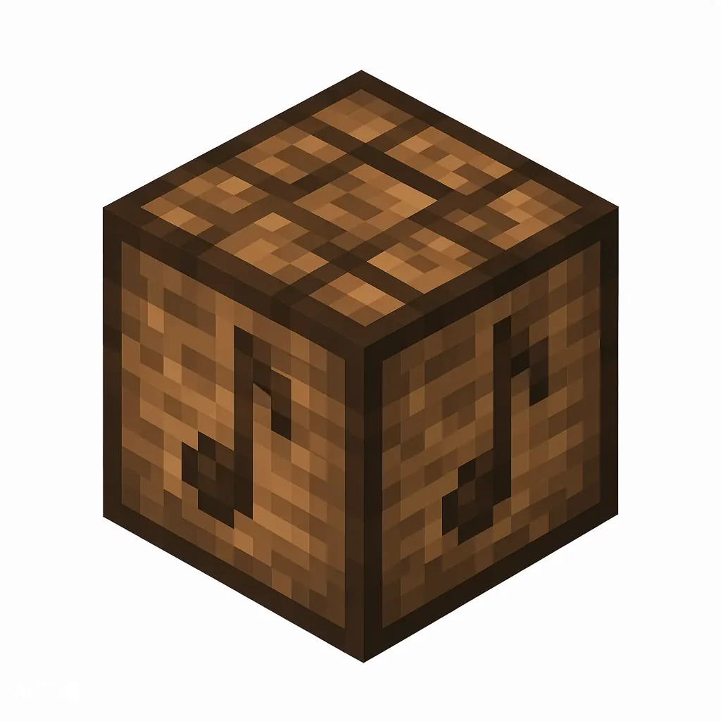 Pixel art illustration of a wooden note block with a musical note emblem