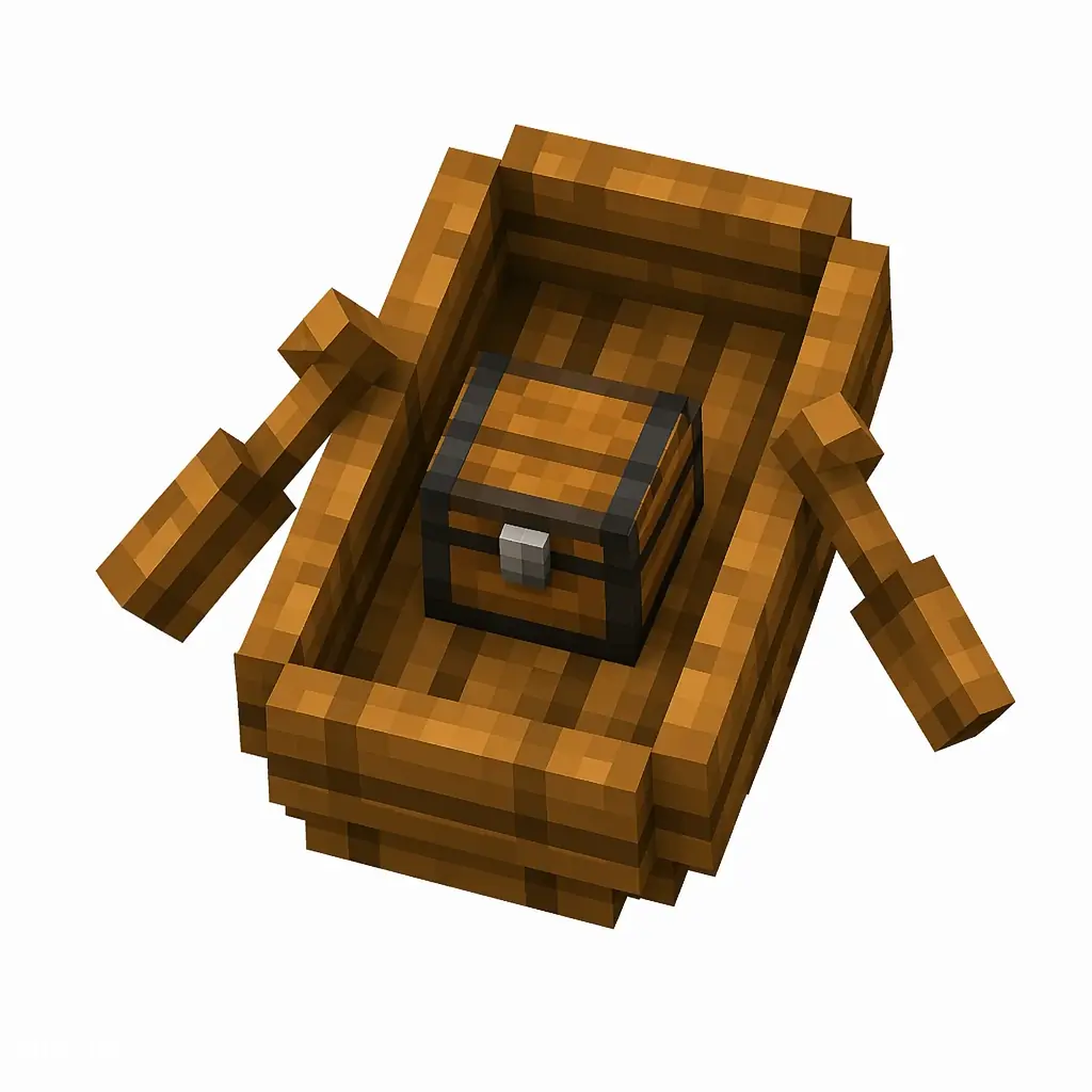 Pixel art illustration of a light brown oak boat with a chest strapped in the middle
