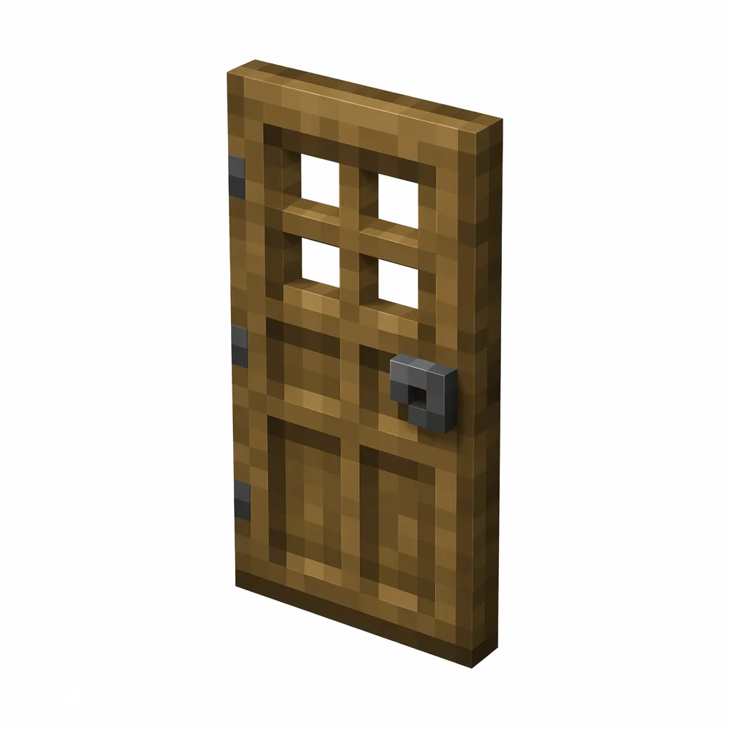 Pixel art illustration of a brown oak wooden door with a small window and an iron handle