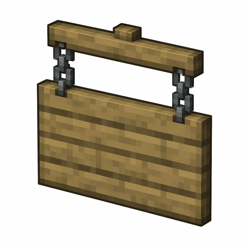 Pixel art illustration of an oak hanging sign board suspended from two gray metal chains