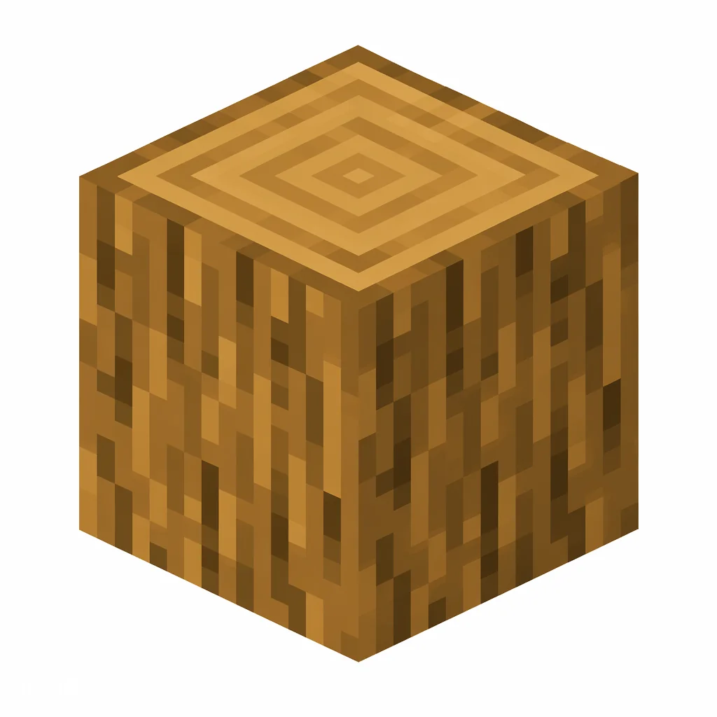 Pixel art illustration of an oak log block with brown bark and tree rings