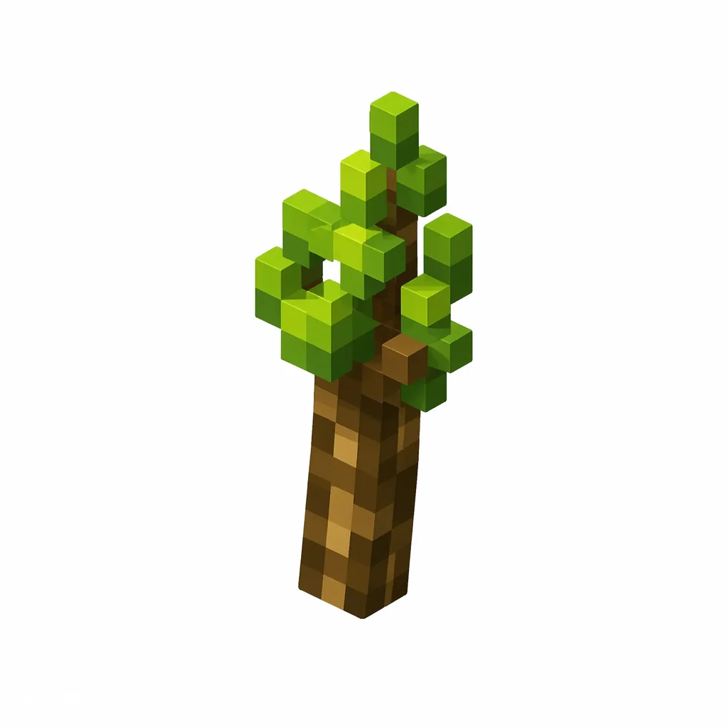Pixel art illustration of a small oak sapling with a brown stem and bright green leaves