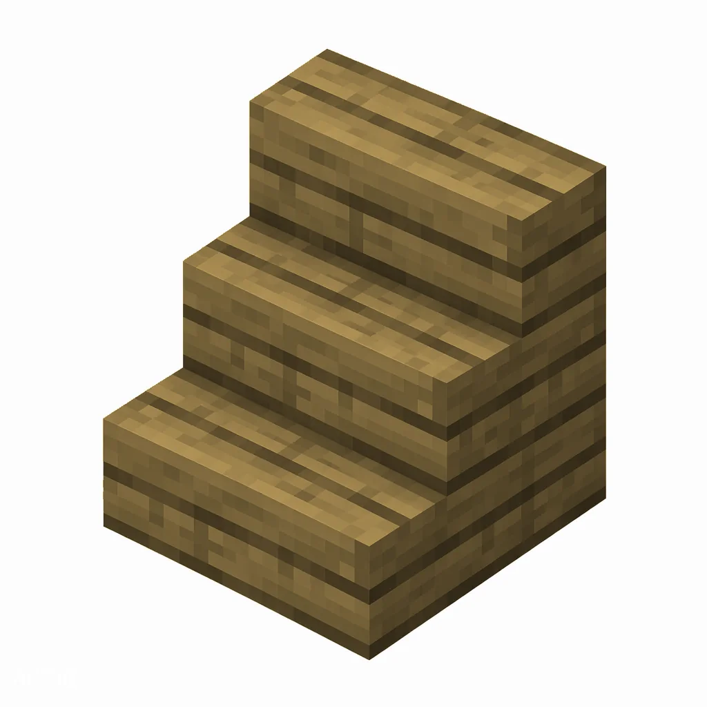 Pixel art illustration of an L-shaped oak wooden stairs block with visible wood grain