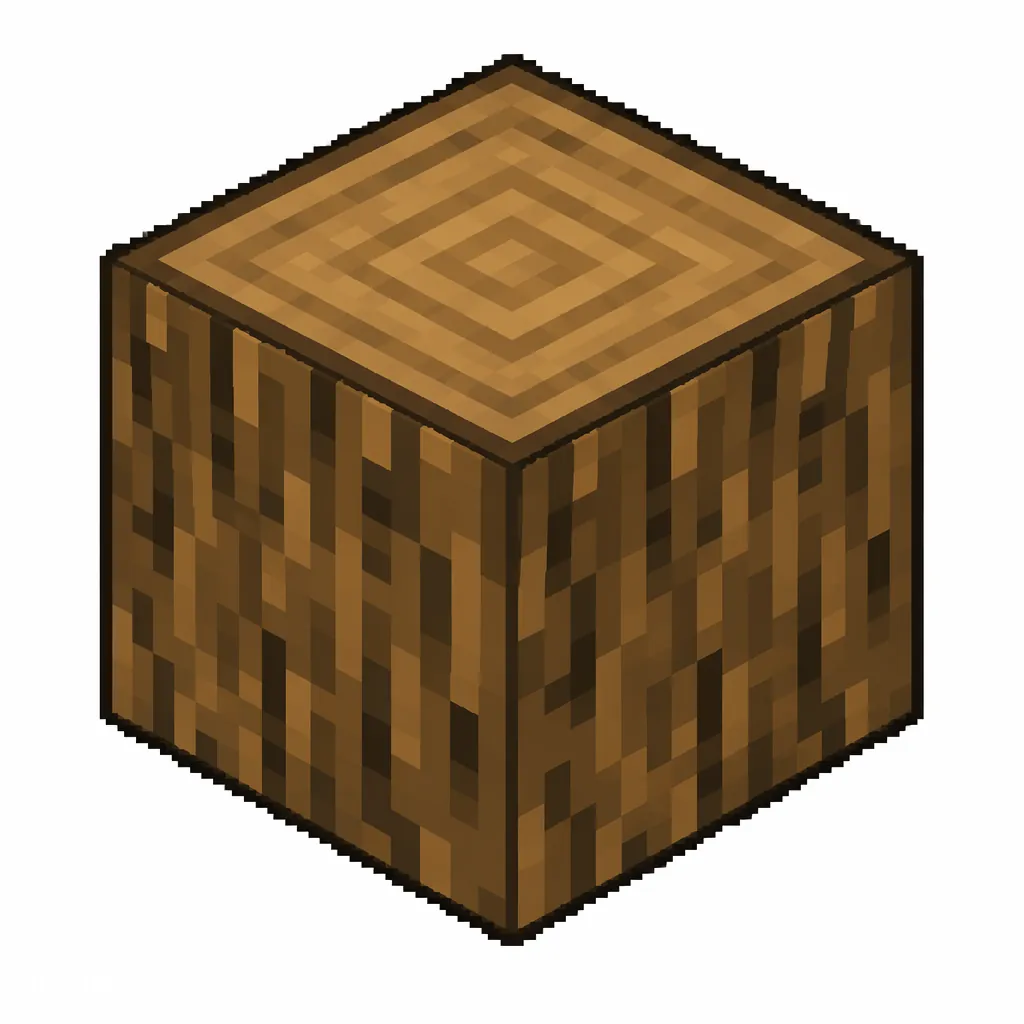 Pixel art illustration of an oak wood block with bark on all six faces