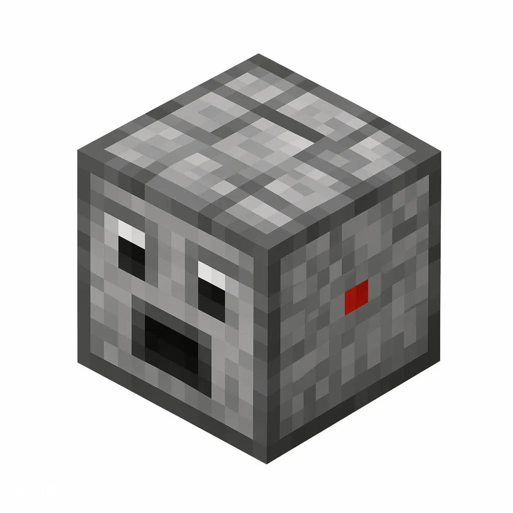 Pixel art illustration of an observer block with a quirky watching face and a small red output dot