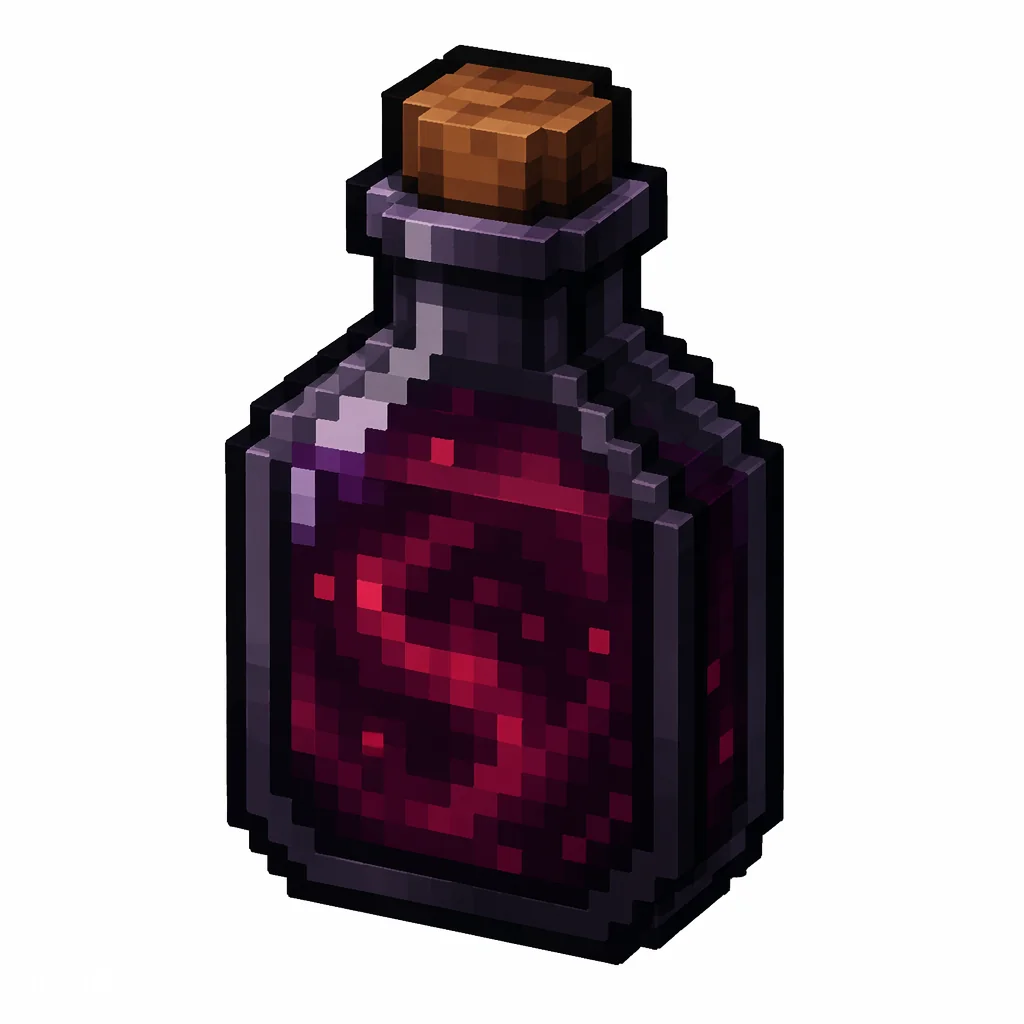 Pixel art illustration of an ominous bottle in chunky voxel game style