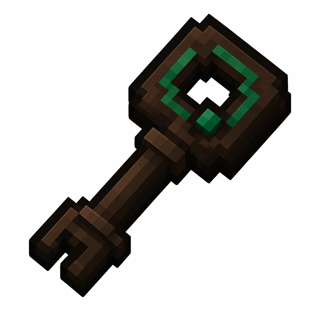 Pixel art illustration of an ominous trial key with dark metal