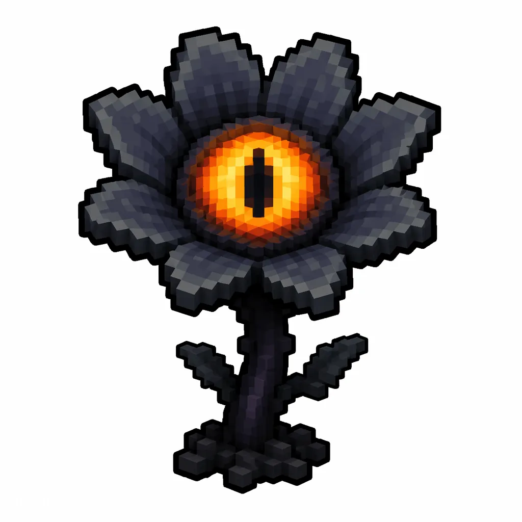 Pixel art illustration of an open eyeblossom flower with a glowing orange eye center