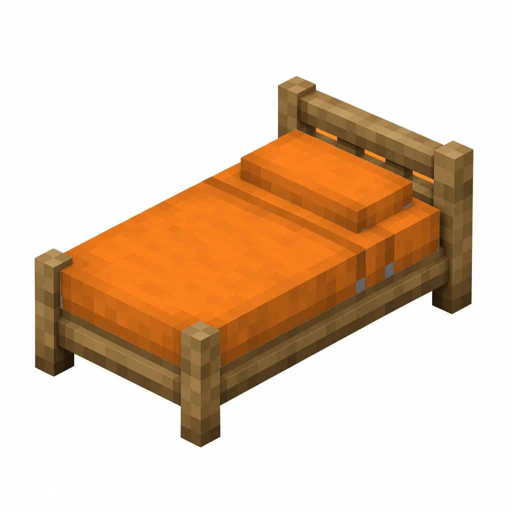 Pixel art illustration of a orange bed with a wooden frame and a orange blanket and pillow