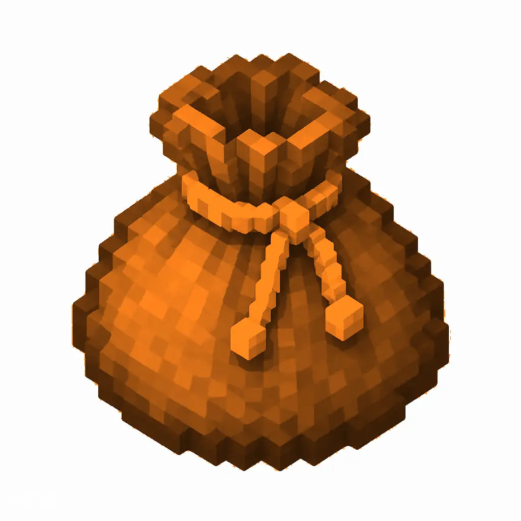 Pixel art illustration of an orange dyed bundle pouch tied with string