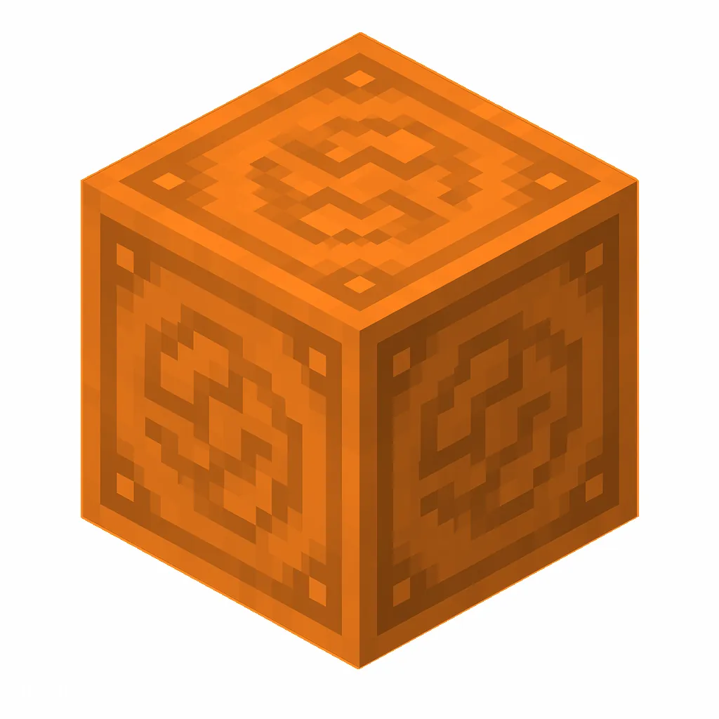 Pixel art illustration of an orange glazed terracotta block with a swirling ornate pattern