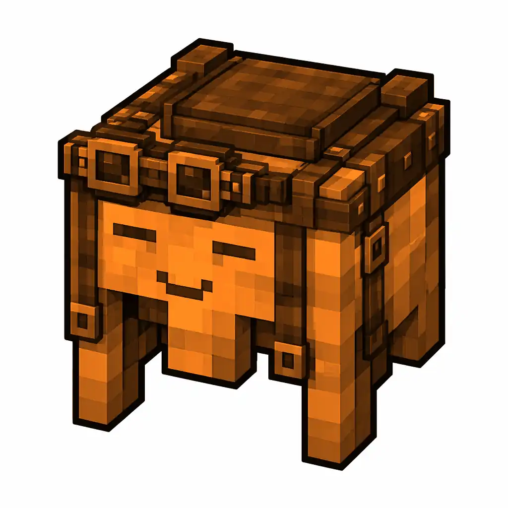 Pixel art illustration of an orange happy ghast harness with a saddle seat and straps