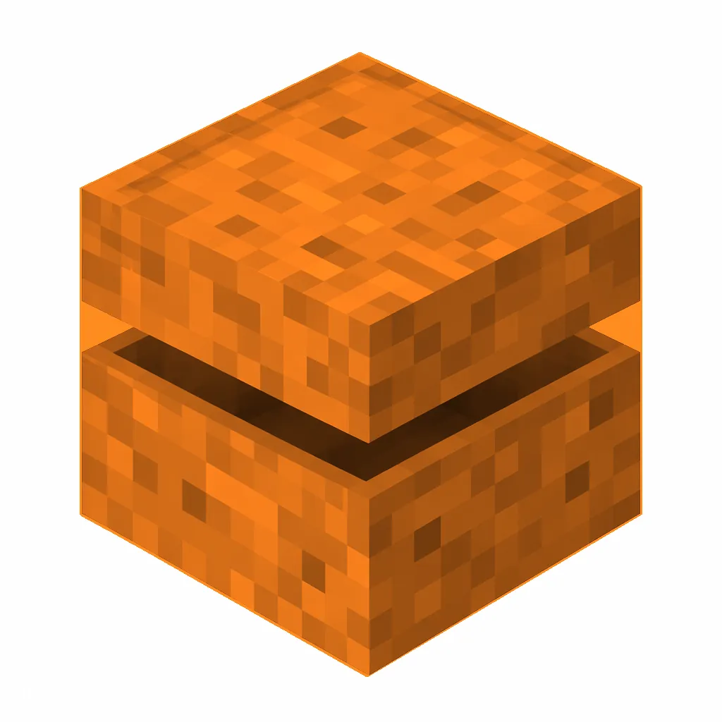 Pixel art illustration of an orange shulker box with a raised clam-shell lid