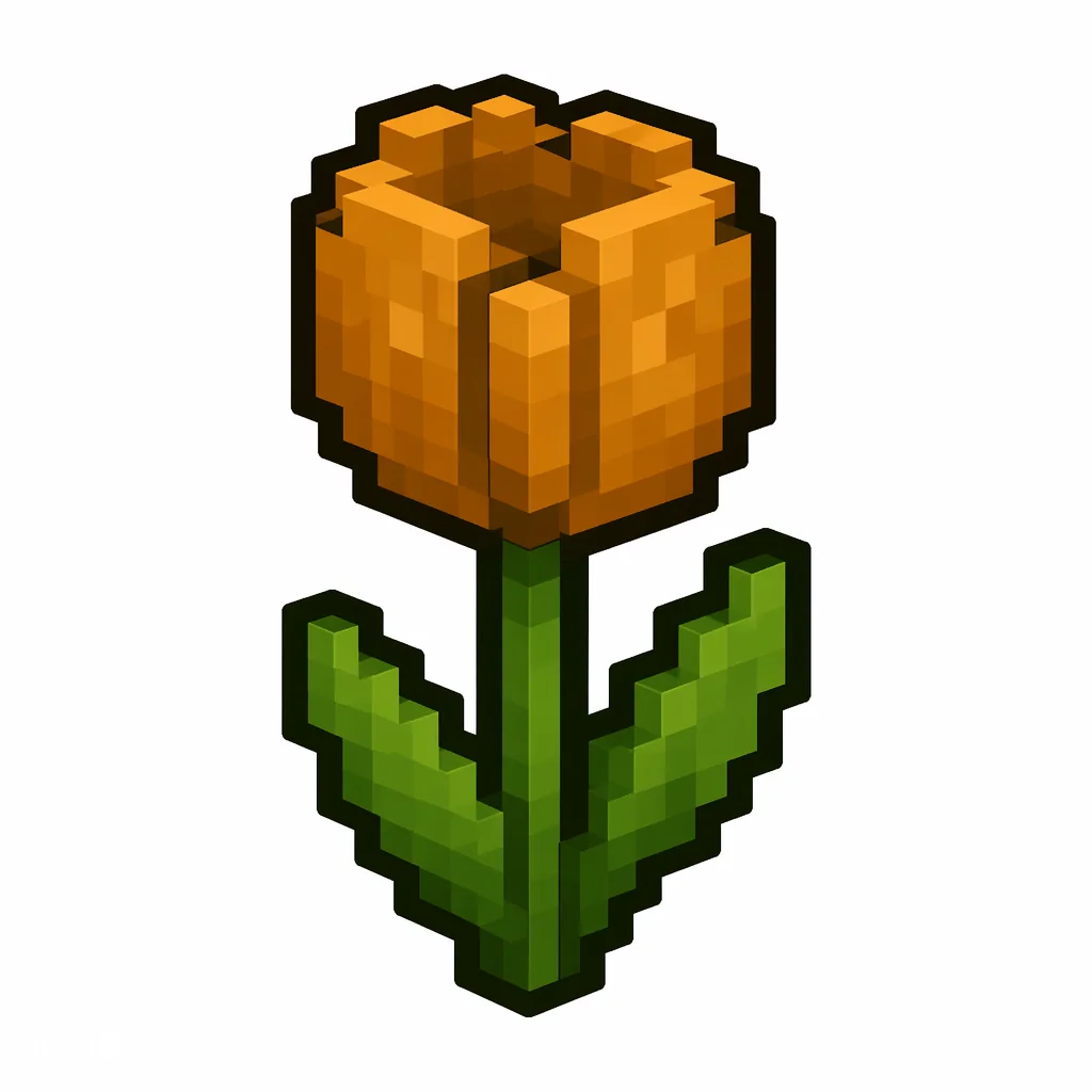 Pixel art illustration of an orange tulip in chunky voxel game style