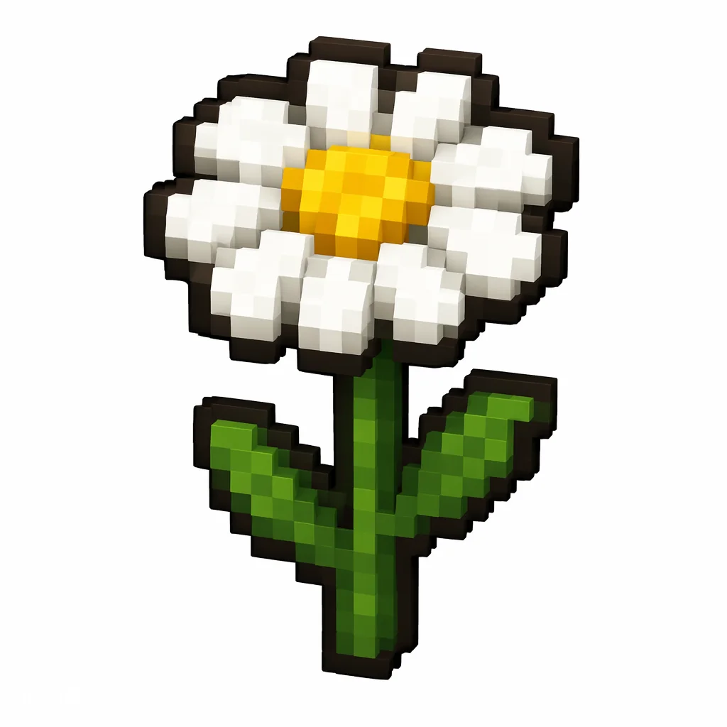 Pixel art illustration of an oxeye daisy in chunky voxel game style