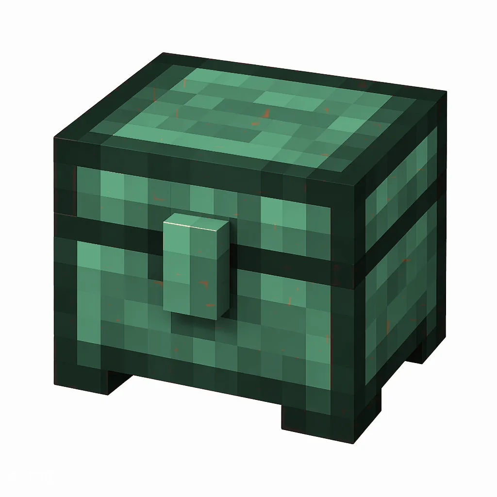 Pixel art illustration of a copper chest with a full teal-green patina over copper metal