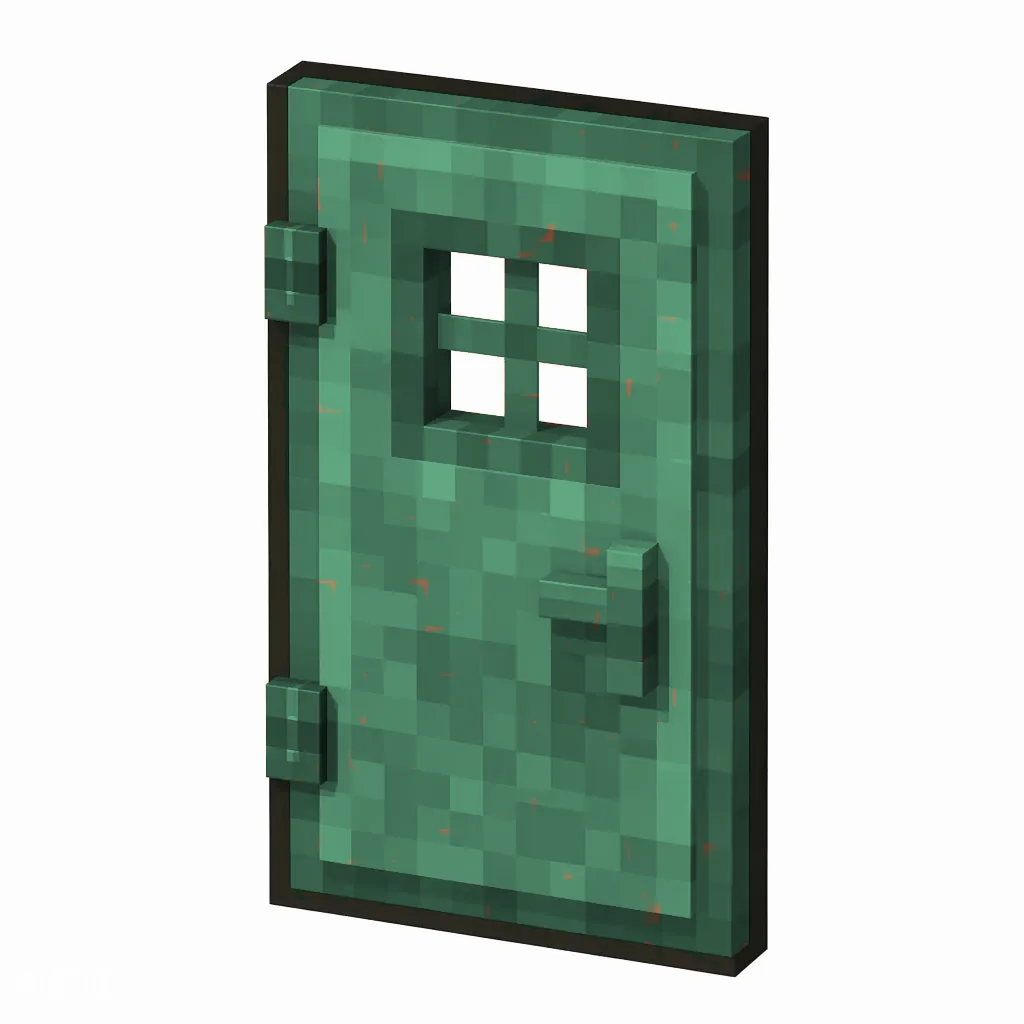 Pixel art illustration of a copper door with a full teal-green patina over copper metal