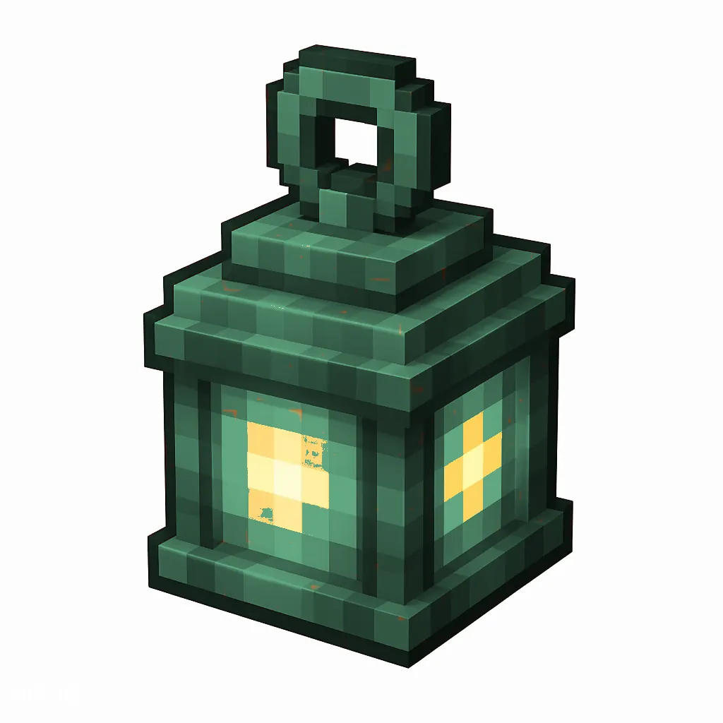 Pixel art illustration of a copper lantern with a full teal-green patina over copper metal