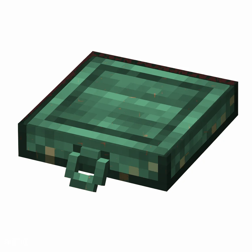 Pixel art illustration of a copper trapdoor with a full teal-green patina over copper metal