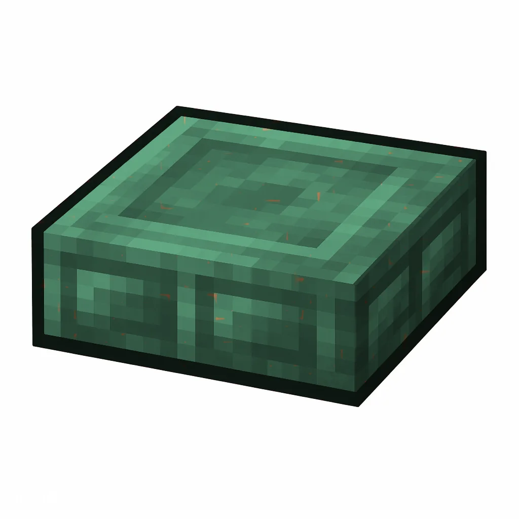 Pixel art illustration of a cut copper slab with a full teal-green patina over copper metal