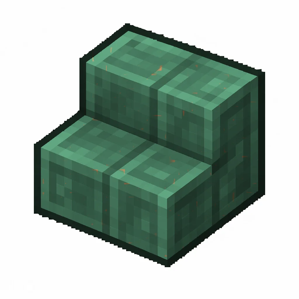 Pixel art illustration of a cut copper stairs with a full teal-green patina over copper metal