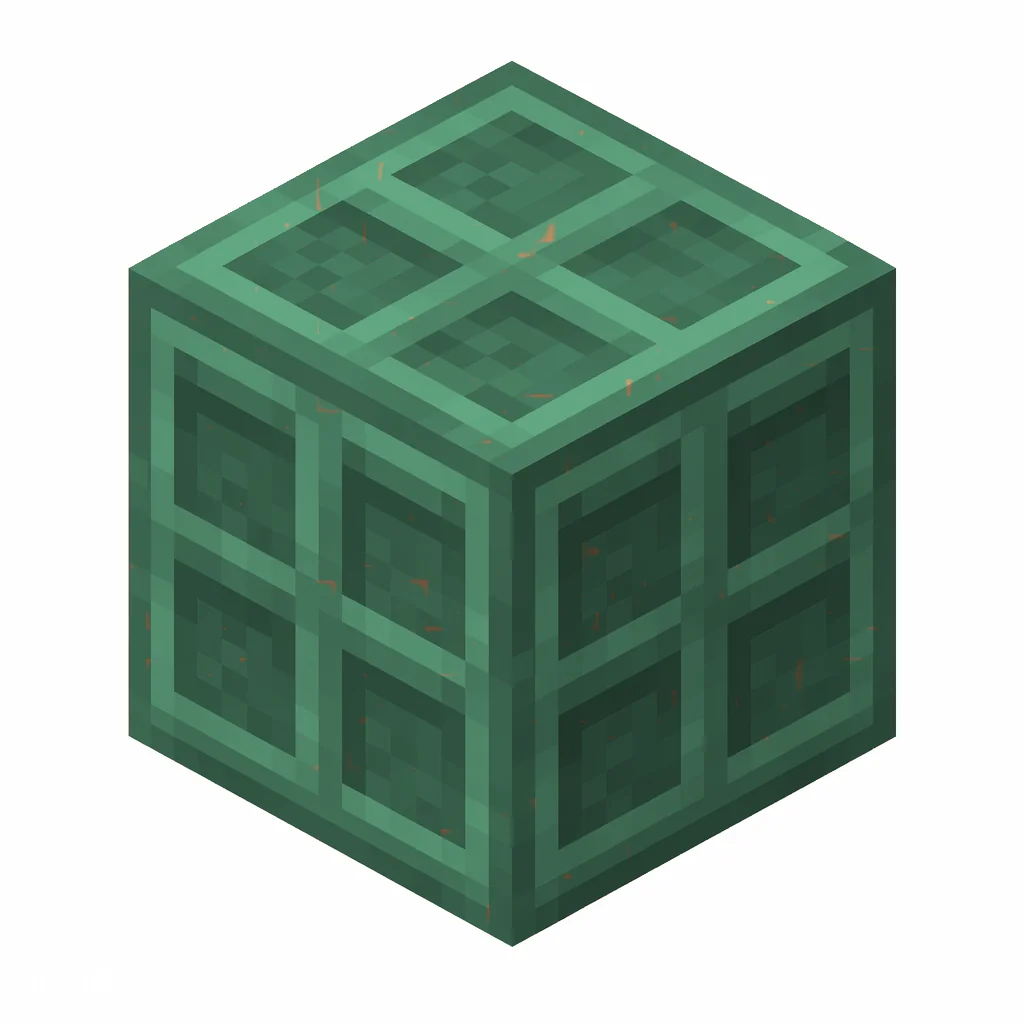 Pixel art illustration of a cut copper with a full teal-green patina over copper metal