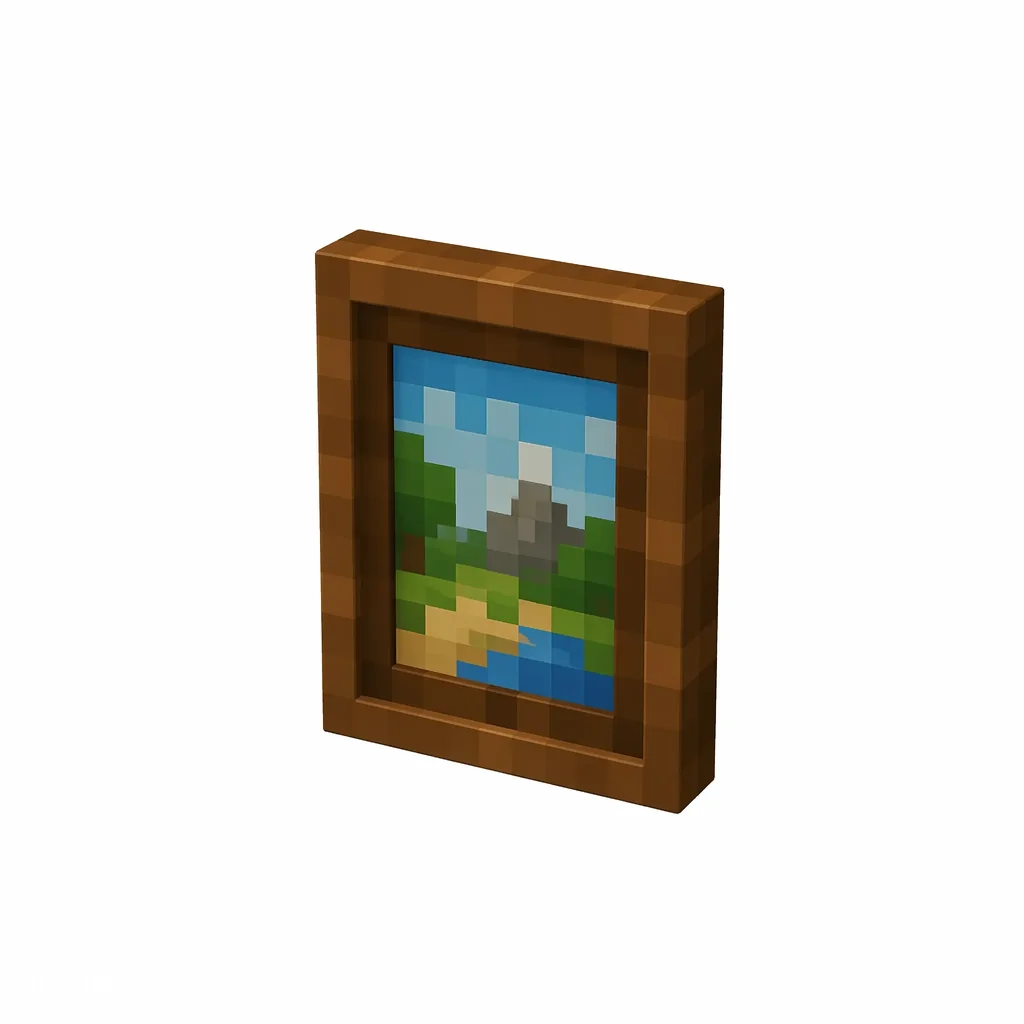 Pixel art illustration of a small framed painting with a colorful pixelated landscape