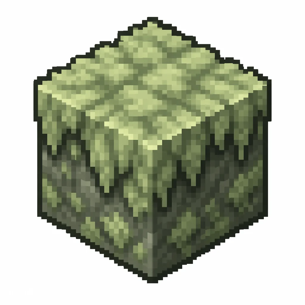 Pixel art illustration of a pale moss block in chunky voxel game style