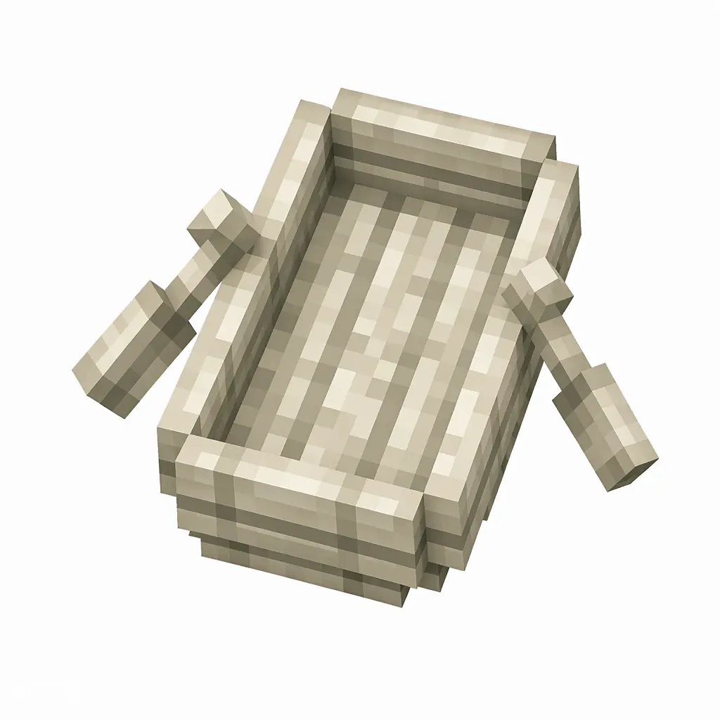 Pixel art illustration of a pale grayish-white pale oak boat with two paddles