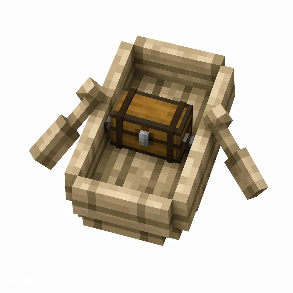 Pixel art illustration of a pale grayish-white pale oak boat with a chest strapped in the middle