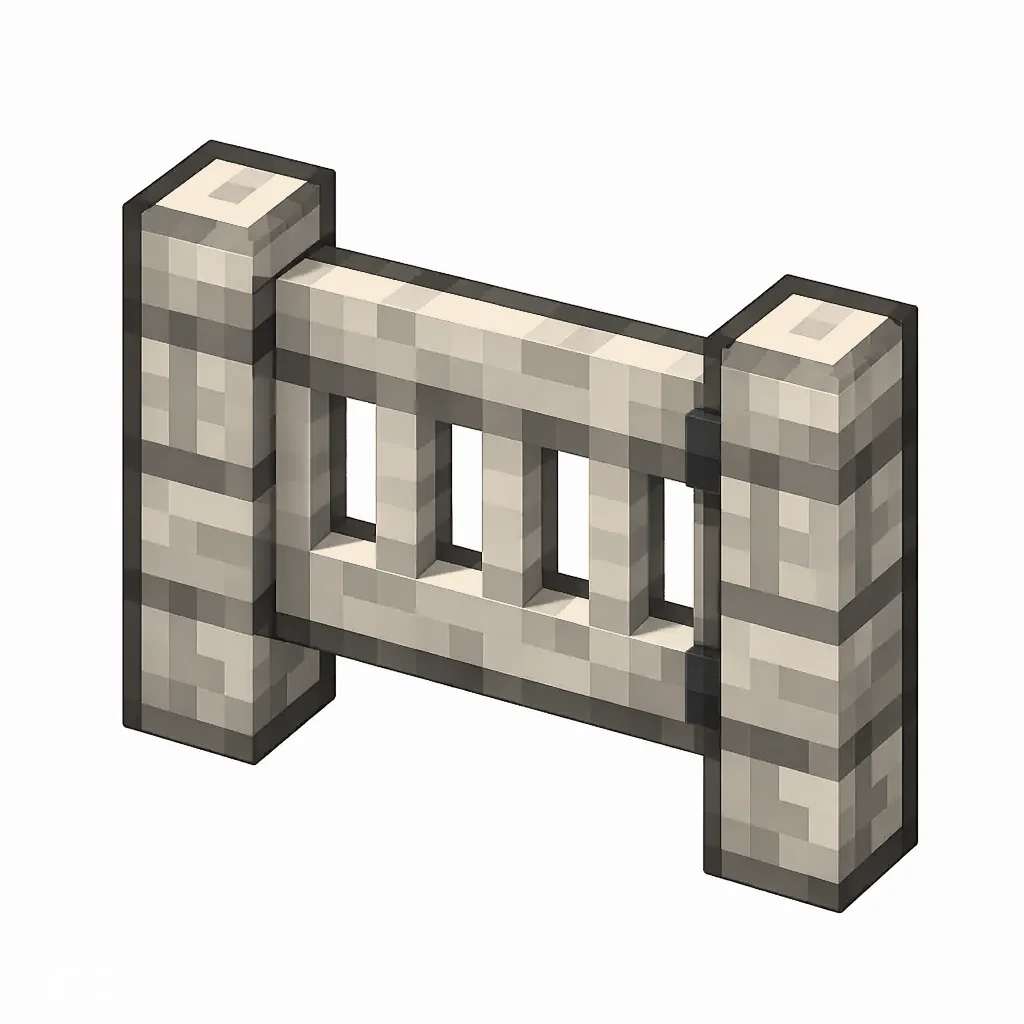 Pixel art illustration of a pale oak fence gate with a slatted swinging panel