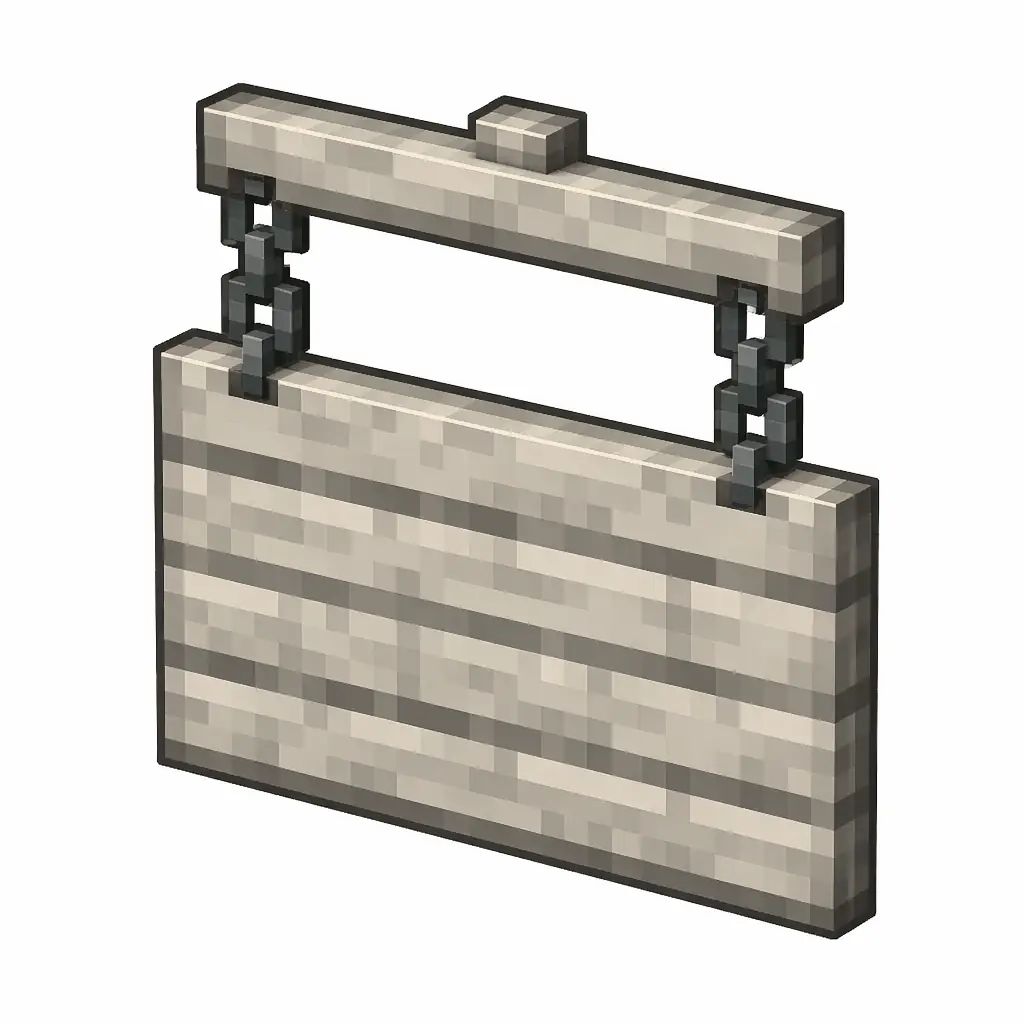 Pixel art illustration of a pale oak hanging sign board suspended from two gray metal chains