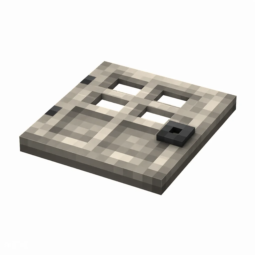 Pixel art illustration of a flat pale oak wooden trapdoor with a dark metal ring handle