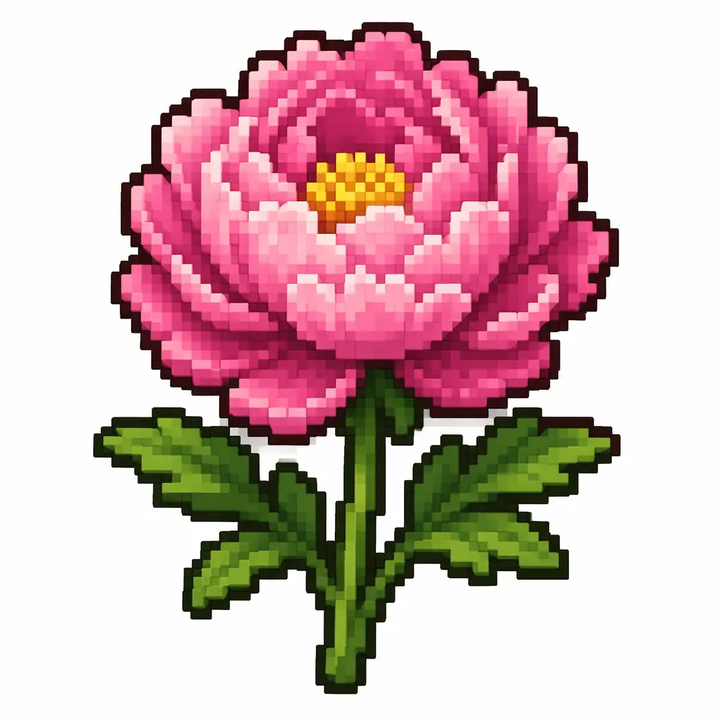 Pixel art illustration of a peony in chunky voxel game style