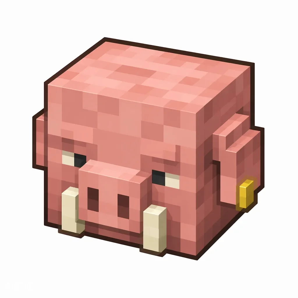Pixel art illustration of a piglin head, a blocky decorative head block