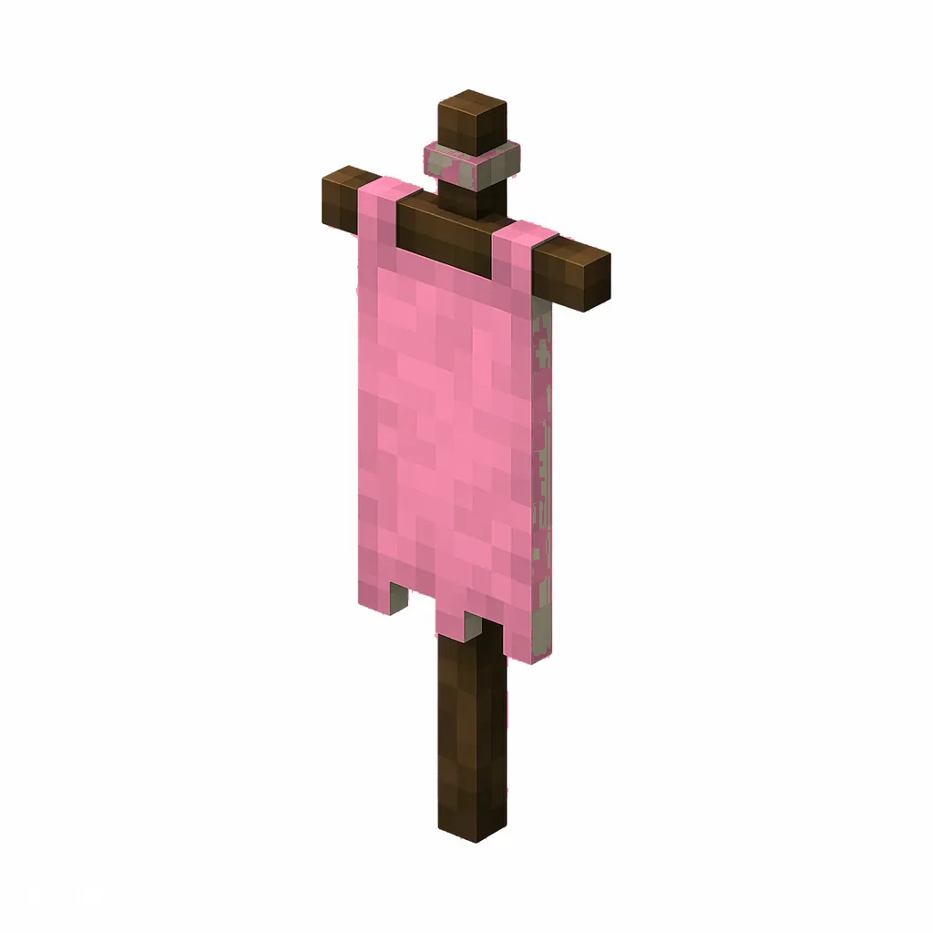 Pixel art illustration of a pink banner hanging from a wooden pole
