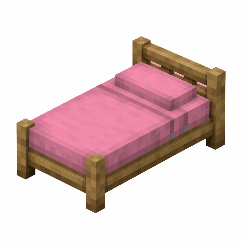 Pixel art illustration of a pink bed with a wooden frame and a pink blanket and pillow