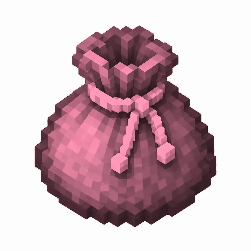 Pixel art illustration of a pink dyed bundle pouch tied with string