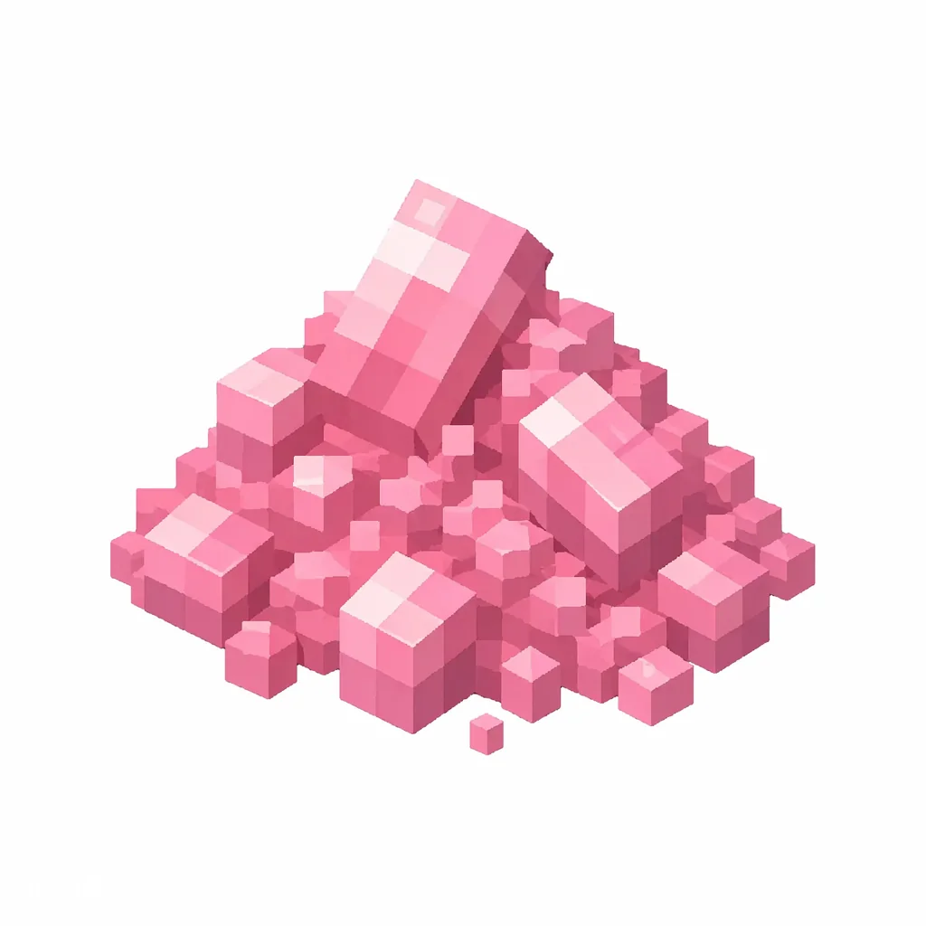 Pixel art illustration of a small pile of soft pink dye powder with scattered grains